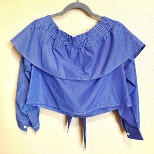 Boohoo top  Blue striped Bardot crop top cuffed sleeve size 8